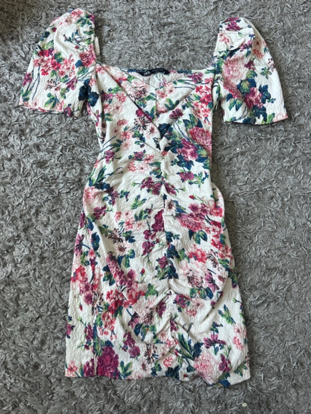 Zara White Floral Mini Dress with Pink and Green Print